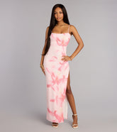 Marcy Beaded Floral Print Column Formal Dress