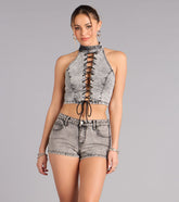Confidence On Cue Lace-Up Denim Crop Top