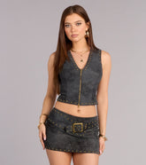 Serving Cool Studded Zip-Front Faux Leather Vest Top