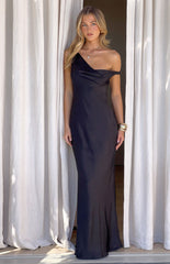 Charm Black Off Shoulder Formal Satin Maxi Dress