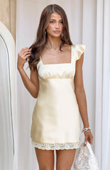 Dasha Yellow Satin Lace Trim Mini Dress