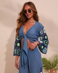 Josia Tie Front Crochet Sleeve Crop Top