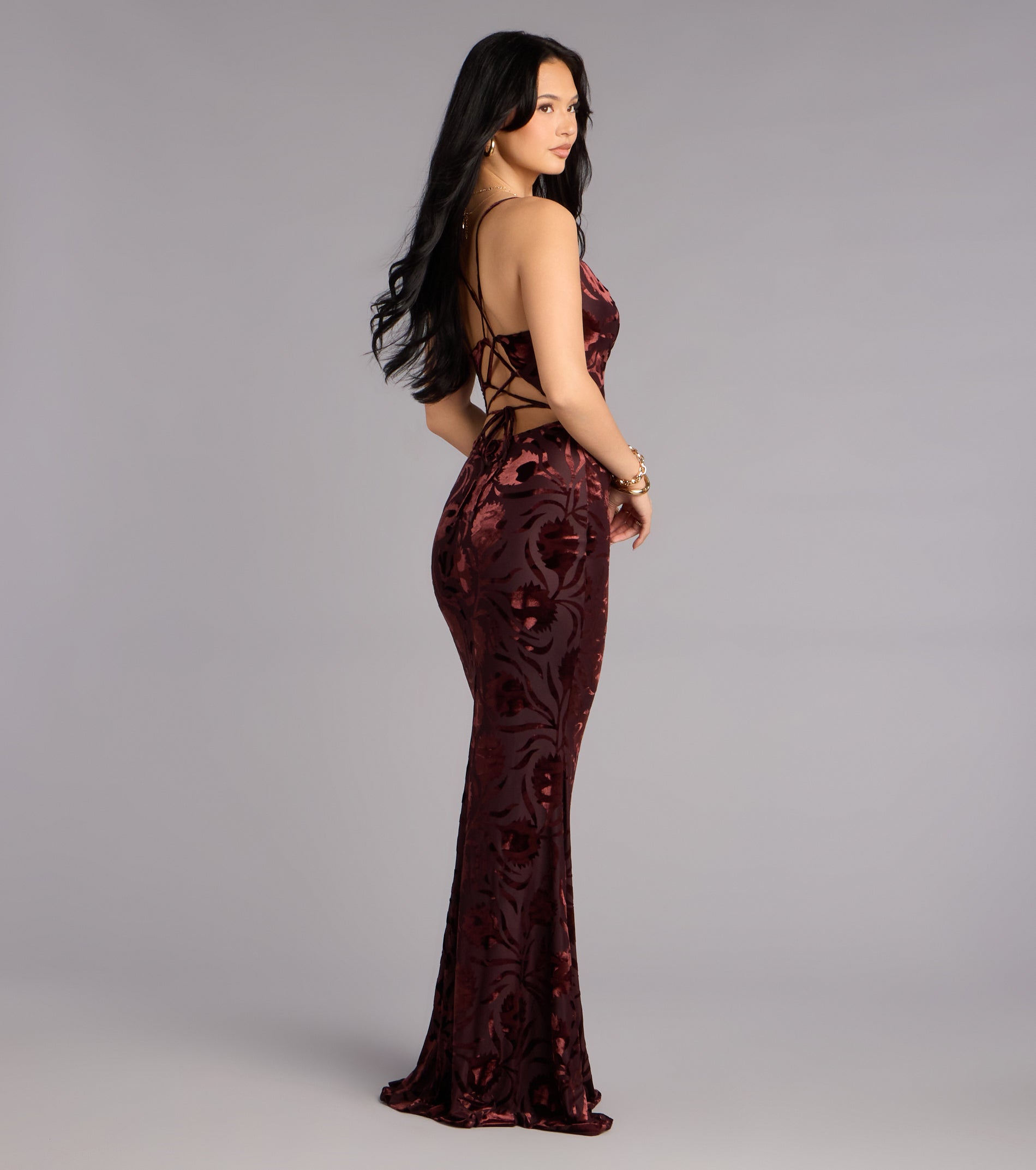 Primrose Velvet Pattern Lace-Up Formal Dress