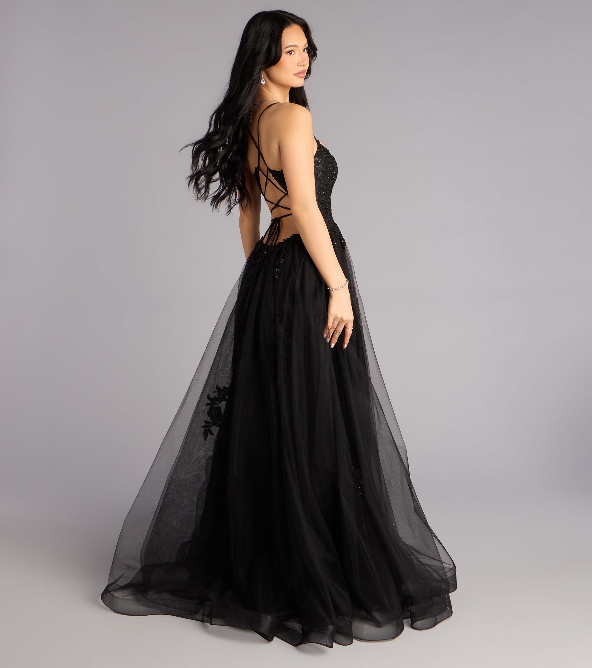 Caitlin Lace-Up Applique A-Line Formal Dress