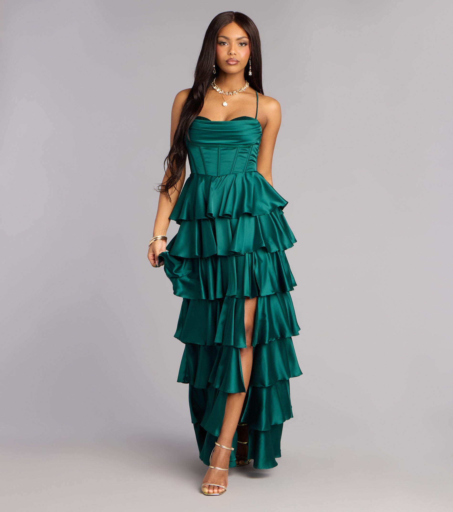 Rose Satin Ruffle A-Line Formal Dress