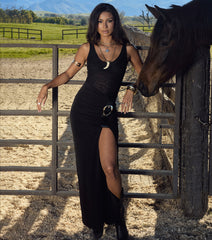 Laura Mesh Belted Slit Formal Dress