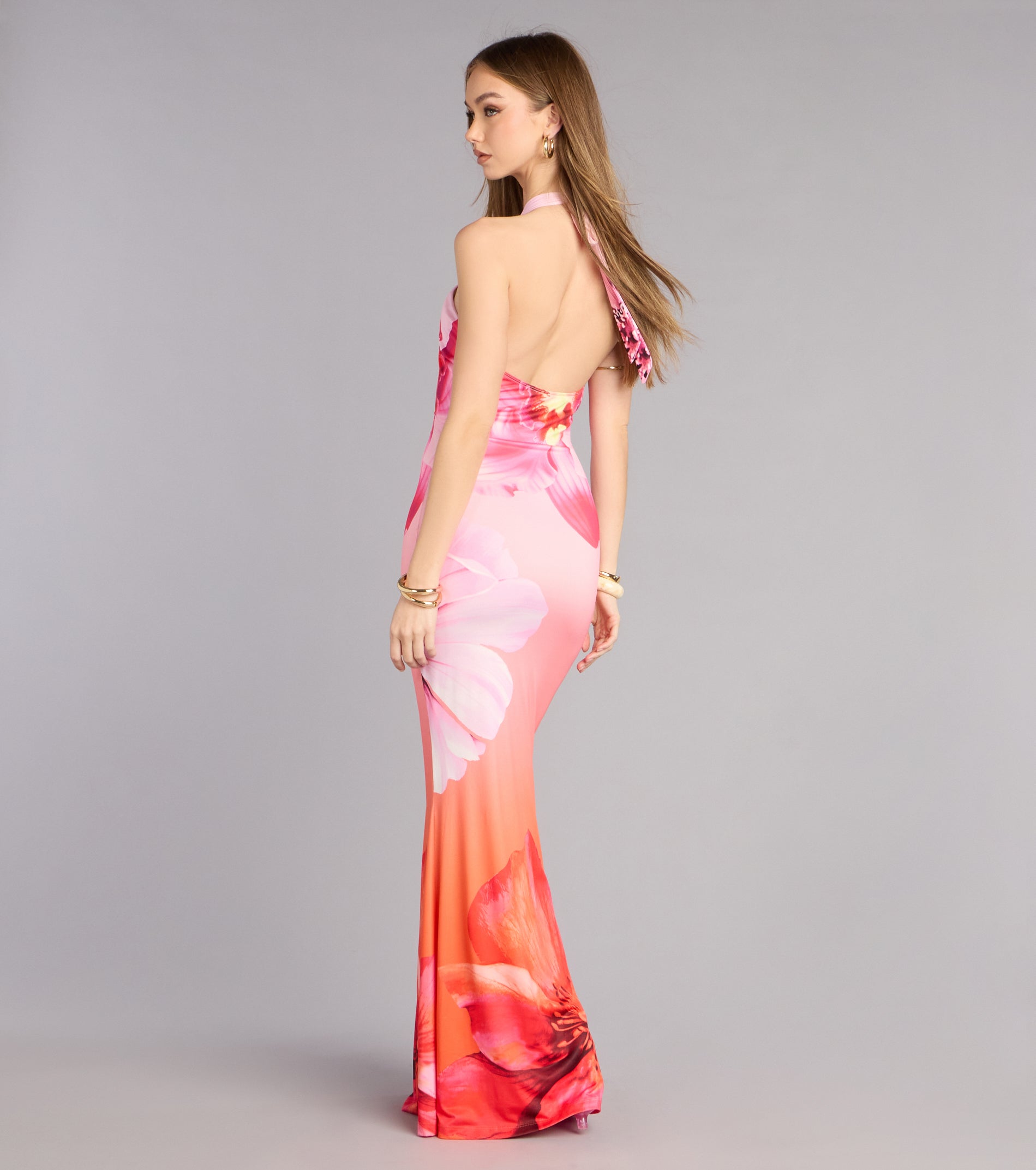 Bloom Agenda Floral Mesh Halter Maxi Dress