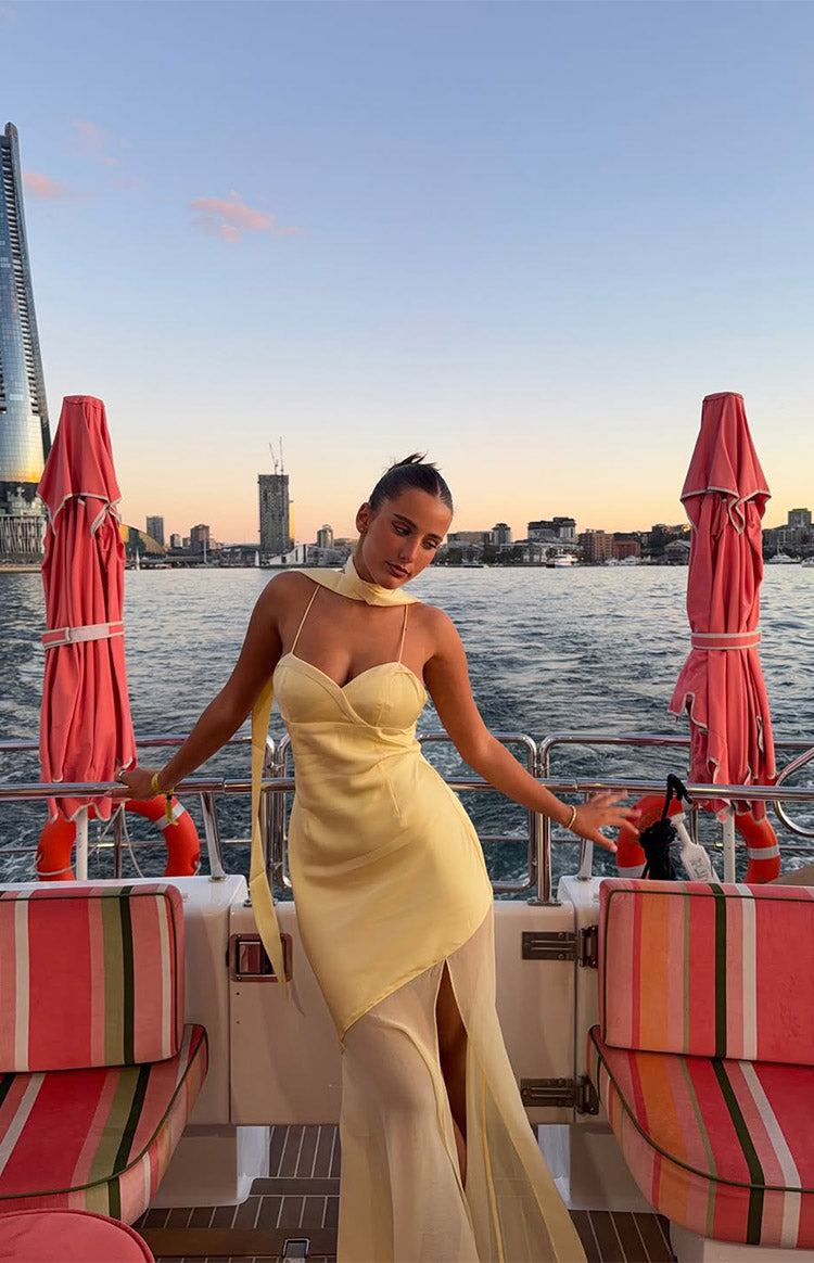 Laila Yellow Satin Scarf Formal Maxi Dress