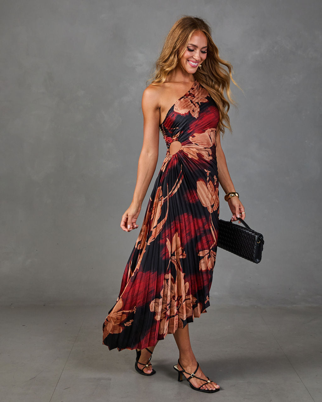 Modern Day Glam Printed One Shoulder Asymmetrical Maxi Dress