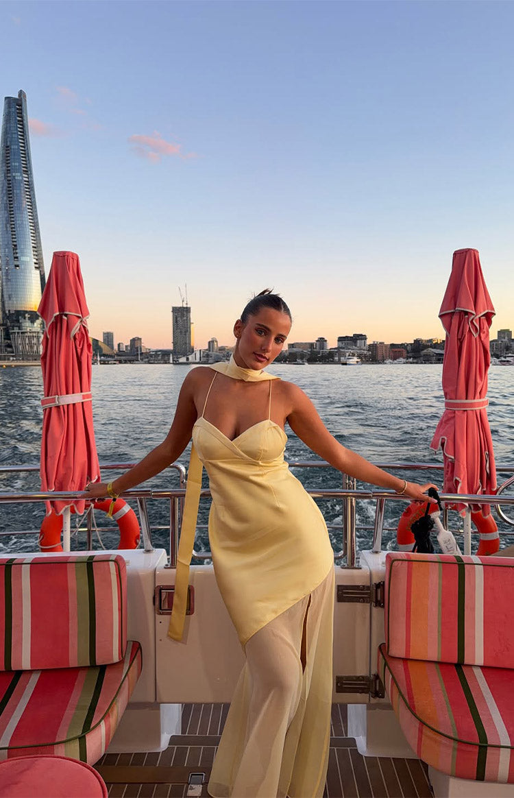 Laila Yellow Satin Scarf Formal Maxi Dress