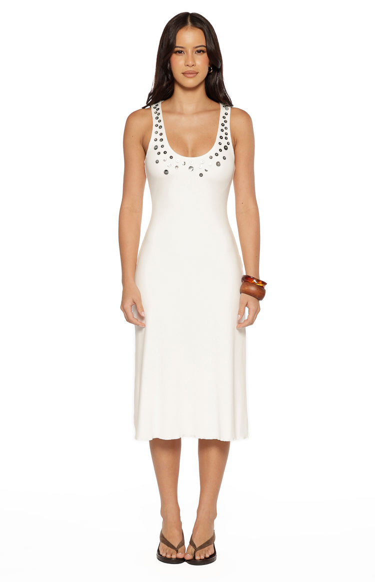 Amba White Button Detail Midi Dress