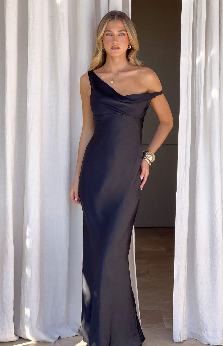 Charm Black Off Shoulder Formal Satin Maxi Dress