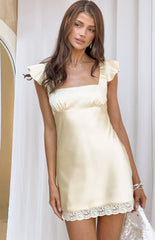 Dasha Yellow Satin Lace Trim Mini Dress