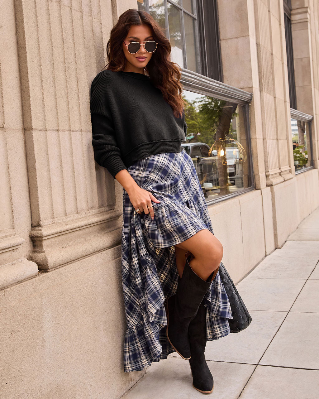 Fiorah Plaid High Low Midi Skirt