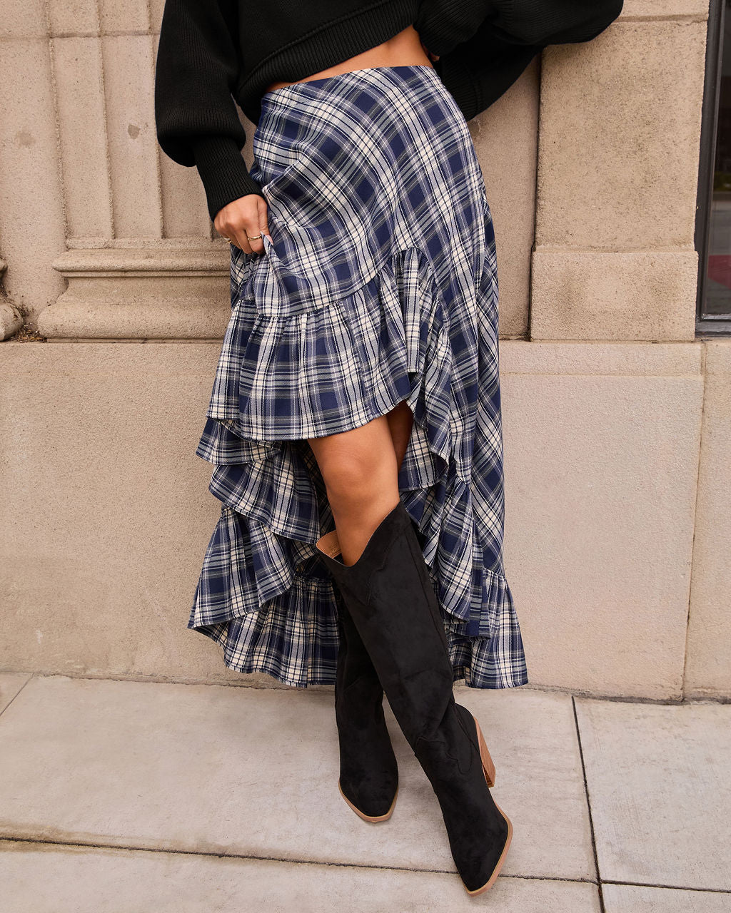 Fiorah Plaid High Low Midi Skirt