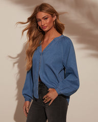 Office Hours Denim Button Down Top