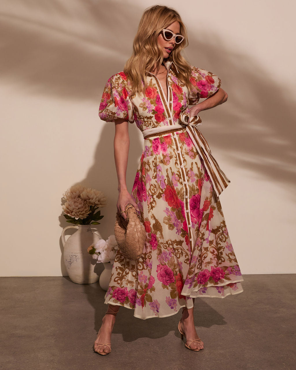 Meadowlane Floral Waist Tie Midi Dress