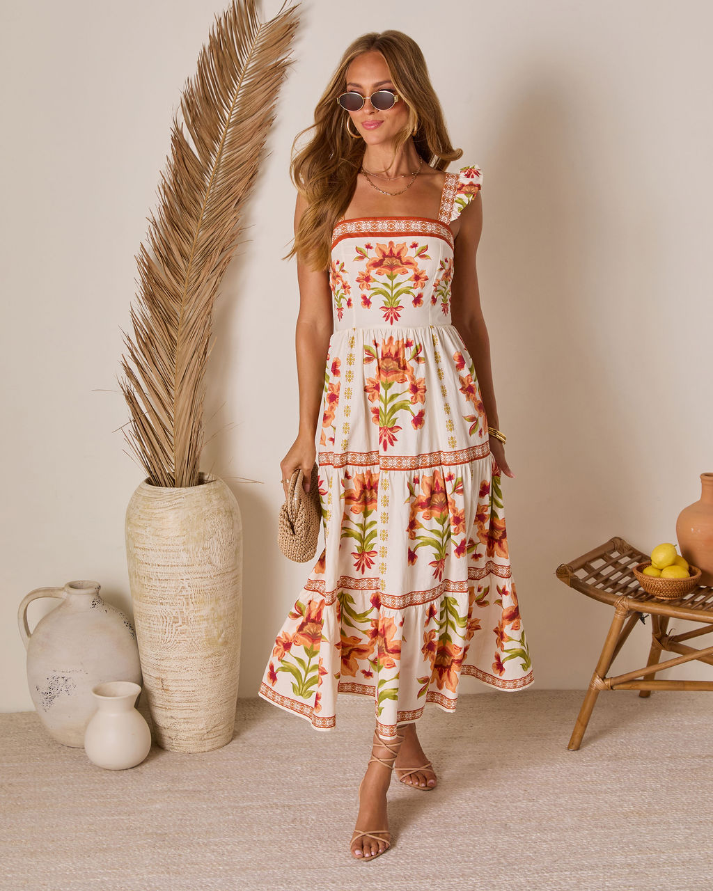 Tropical Reverie Tiered Floral Midi Dress
