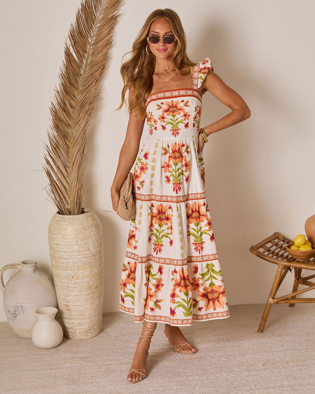Tropical Reverie Tiered Floral Midi Dress