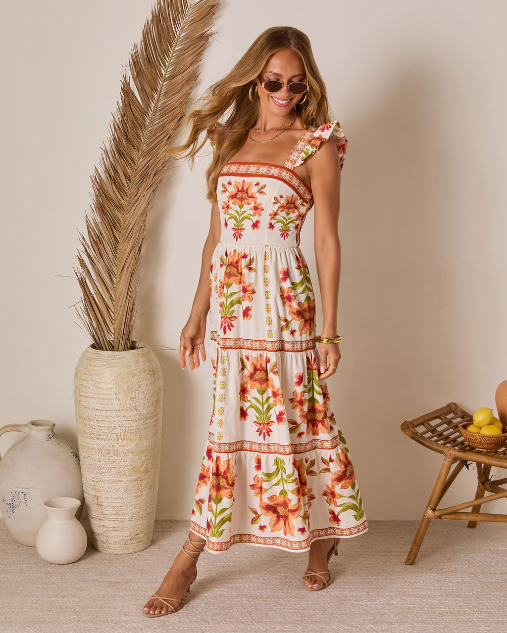 Tropical Reverie Tiered Floral Midi Dress
