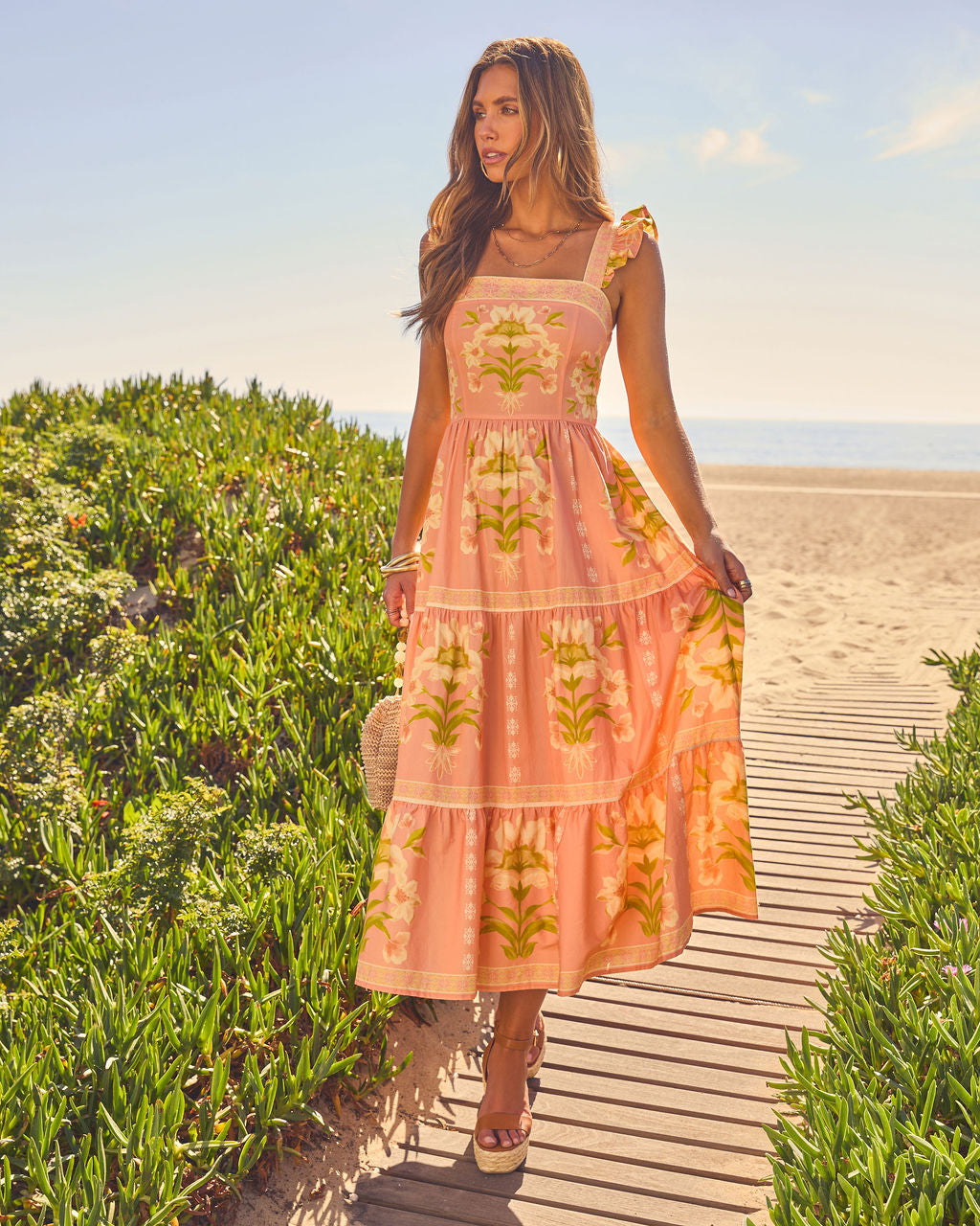 Tropical Reverie Tiered Floral Midi Dress