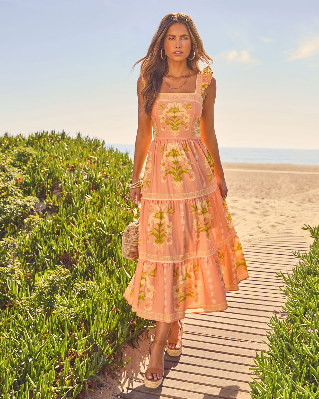 Tropical Reverie Tiered Floral Midi Dress