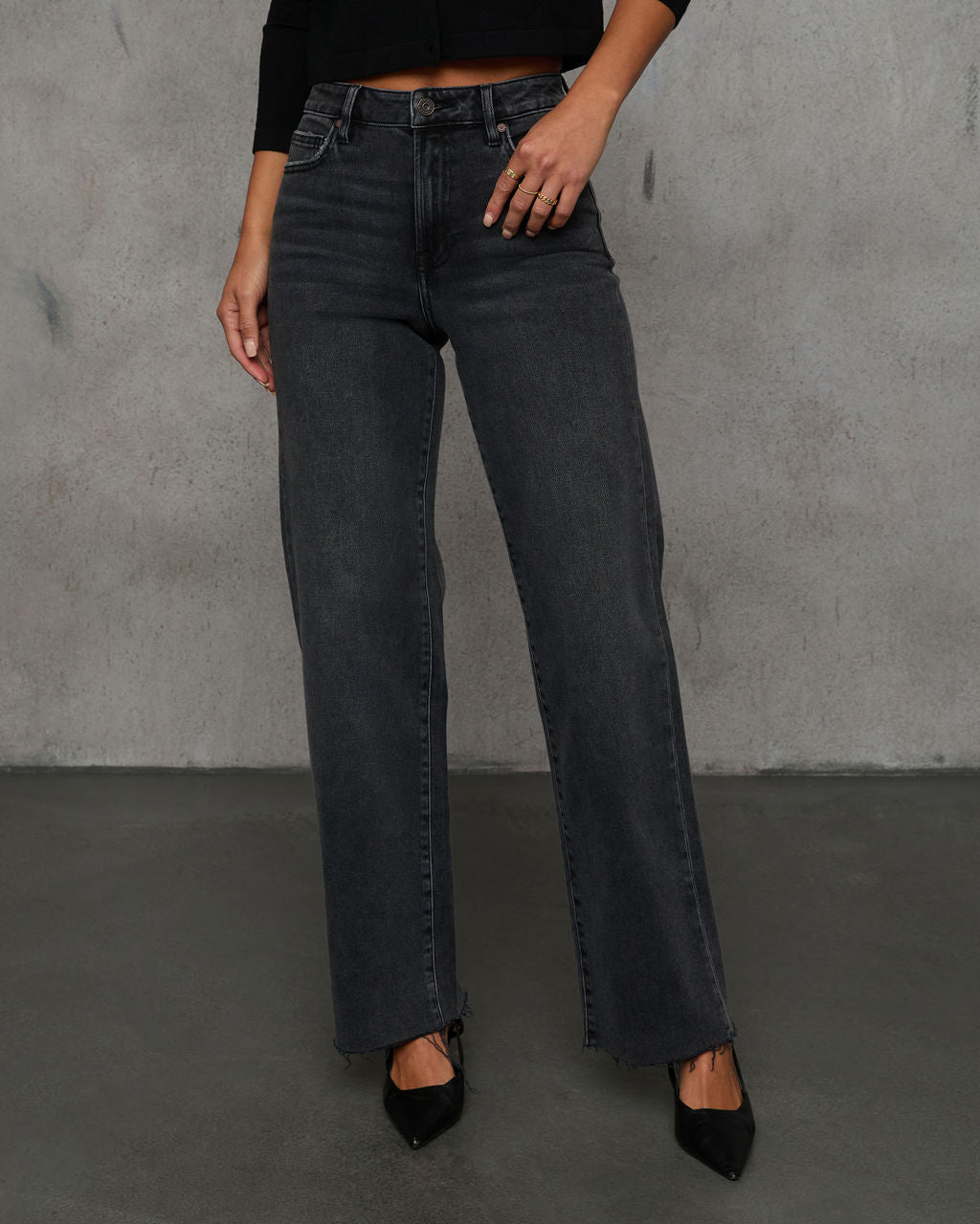 Dusky Charm Stretch High Rise Straight Leg Raw Hem Jeans