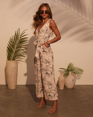 Palm Party Printed Waist Tie Jumpsuit