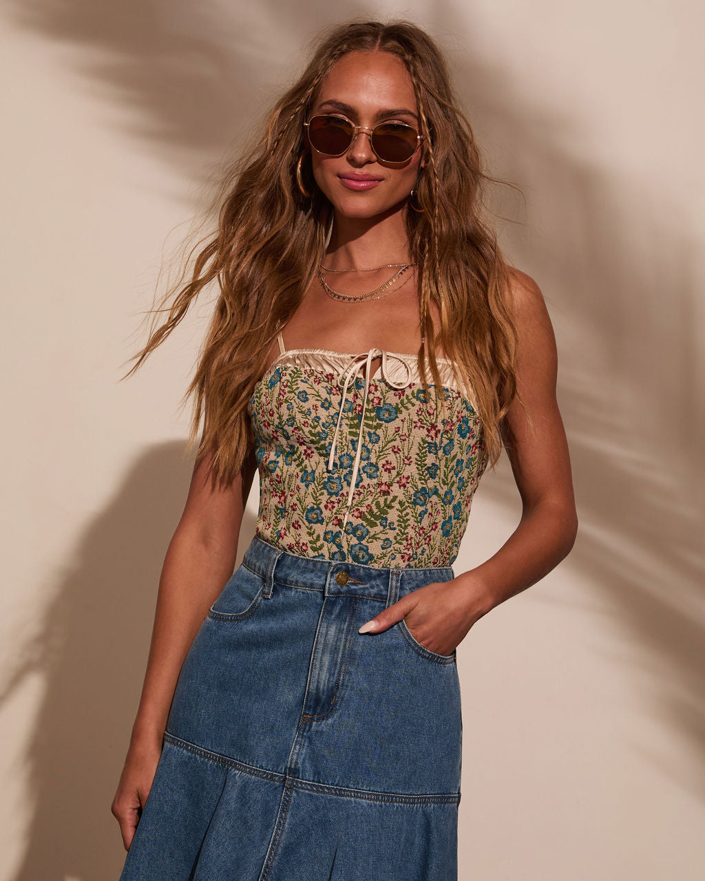 Rema Floral Bustier Metallic Trim Top