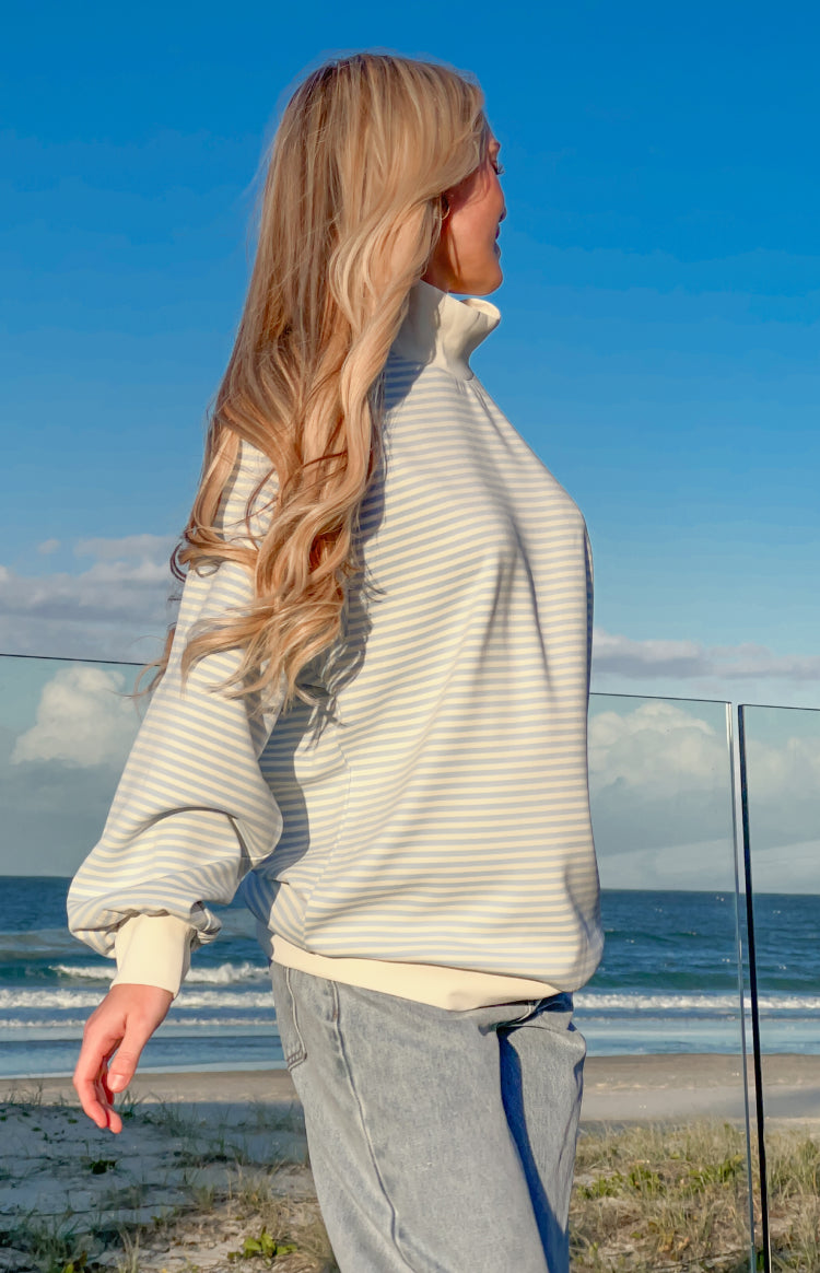 Flossy Mock Neck Blue Stripe Sweater