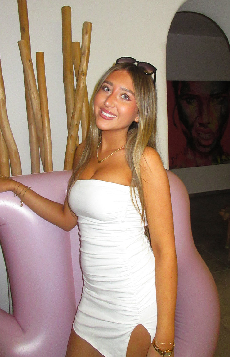 Let Go White Ruched Mini Dress