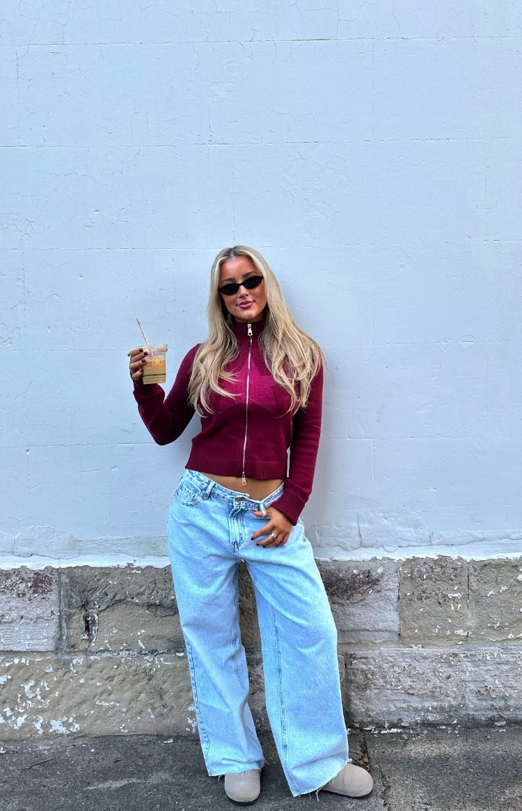 Groove Burgundy Star Zip Up Knit Sweater