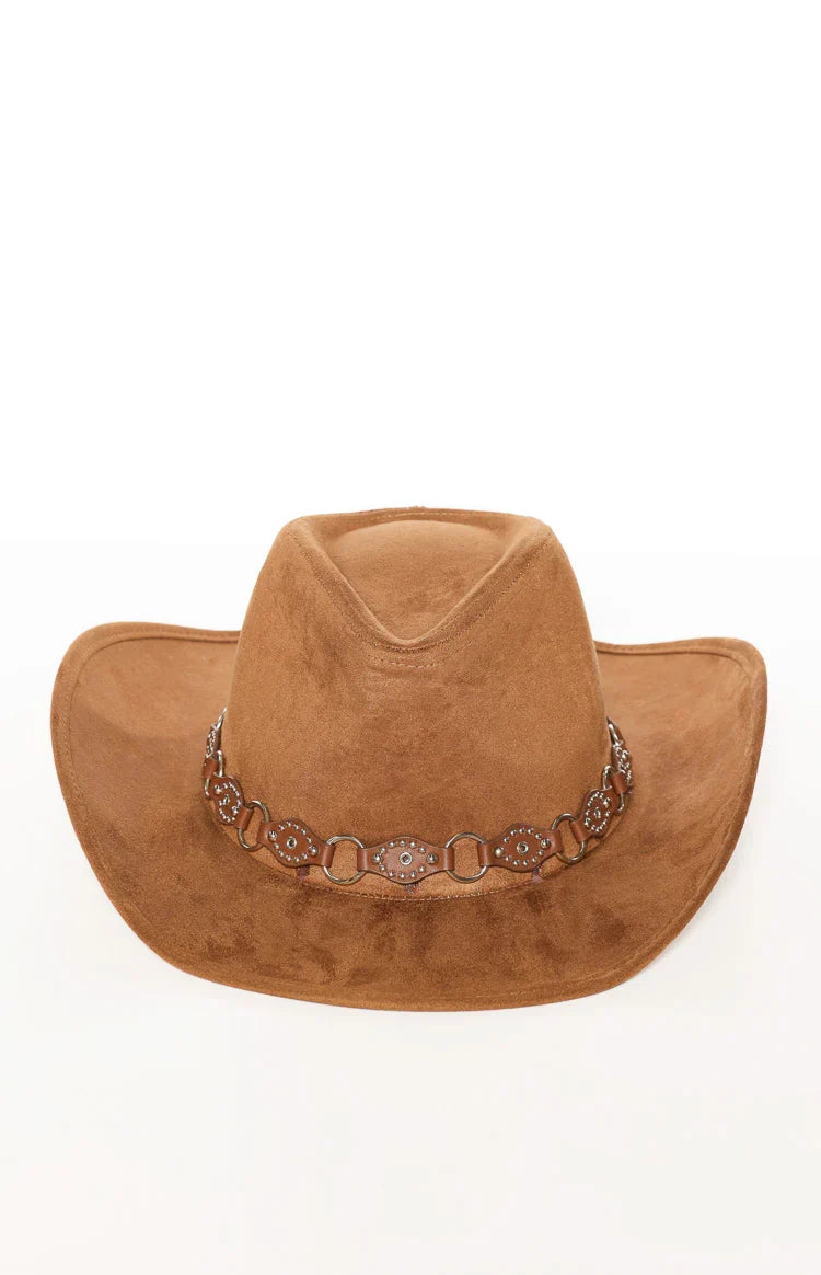 Lexi Tan Suedette PU Trim Western Hat
