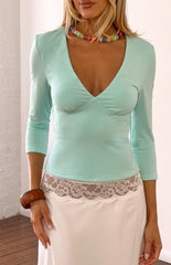 Livvy Turquoise 3/4 Sleeve V Neck Jersey Top