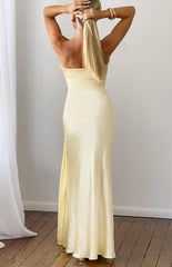 Novie Yellow Tie Detail Satin Strapless Maxi Dress