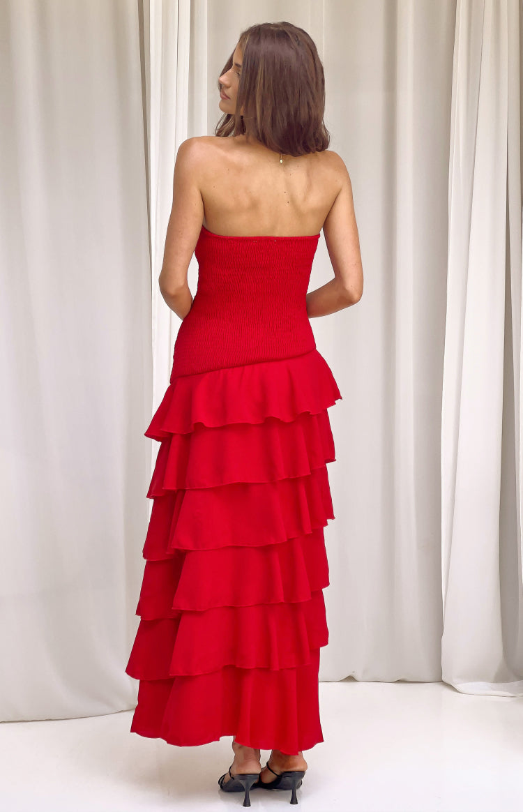Riles Red Strapless Ruffle Maxi Dress