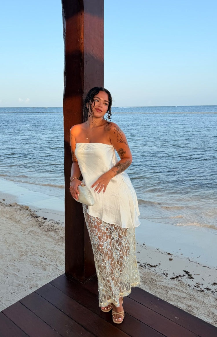 Sabella Pale Yellow Sequin Lace Maxi Skirt