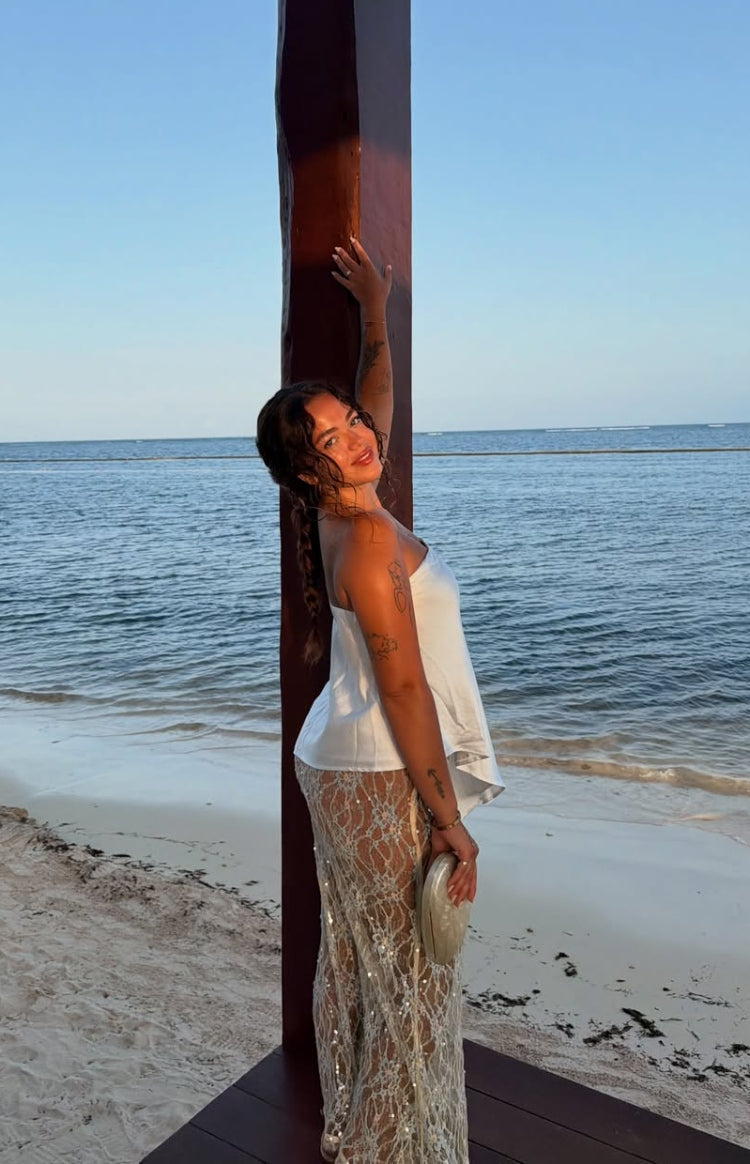 Sabella Pale Yellow Sequin Lace Maxi Skirt