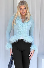 Violetta Mint Green Fur Trim Knit Cardigan