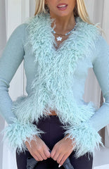 Violetta Mint Green Fur Trim Knit Cardigan
