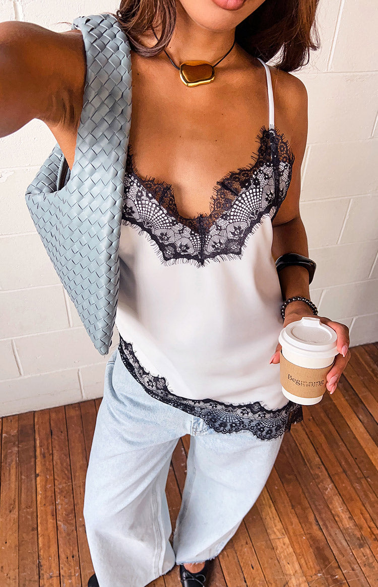 Ziva White Satin Lace Trim Asymmetrical Top