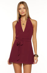 Jazmene Burgundy Halter Neck Wrap Mini Dress