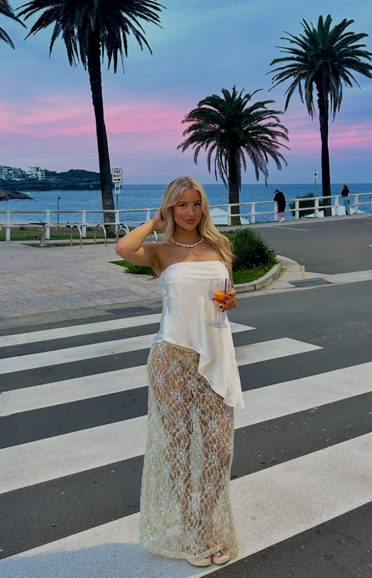 Ivette White Strapless Asymmetric Satin Top